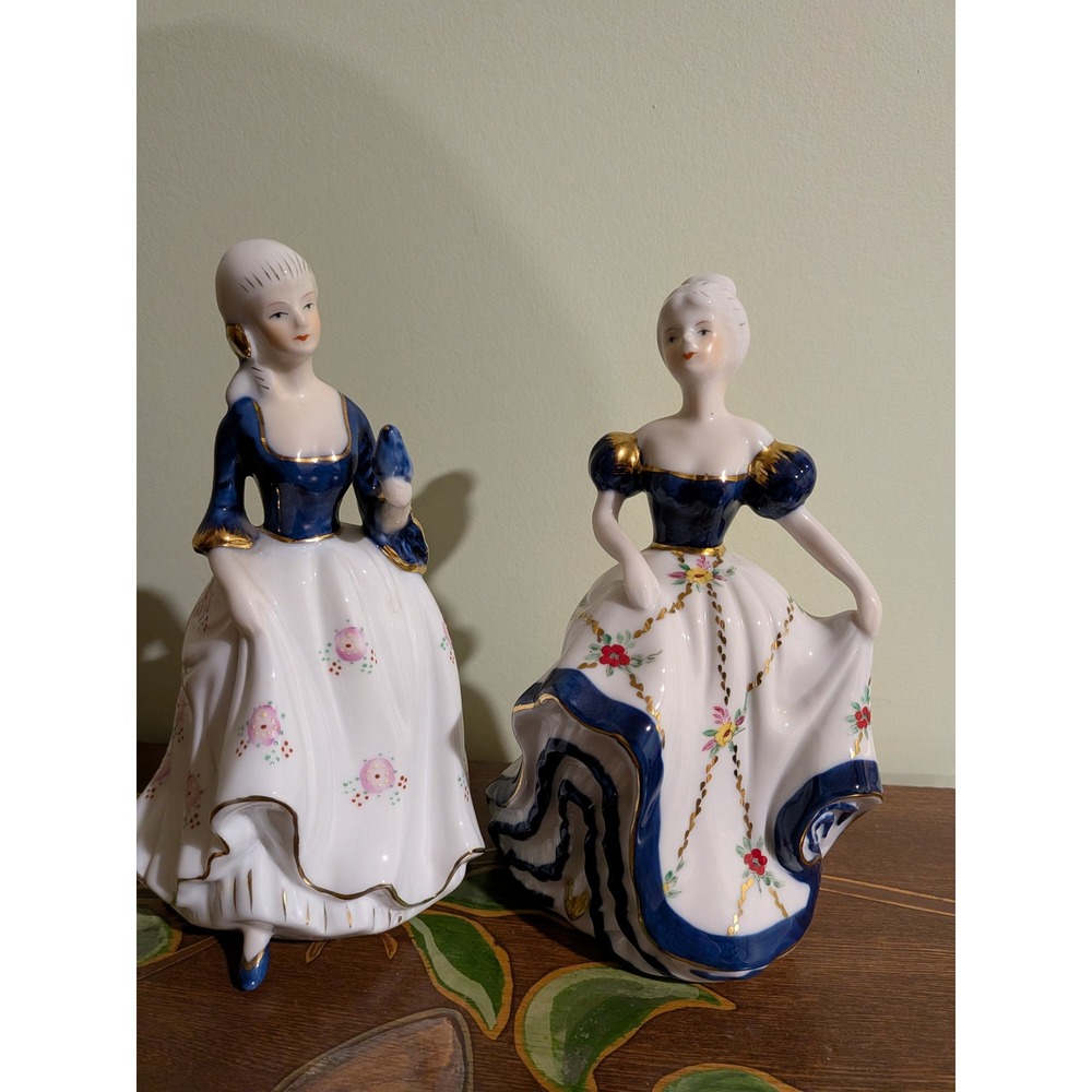 Vintage KPM Porcelain Figurines Cobalt Blue Gold Gilt Floral Lady Set of 2